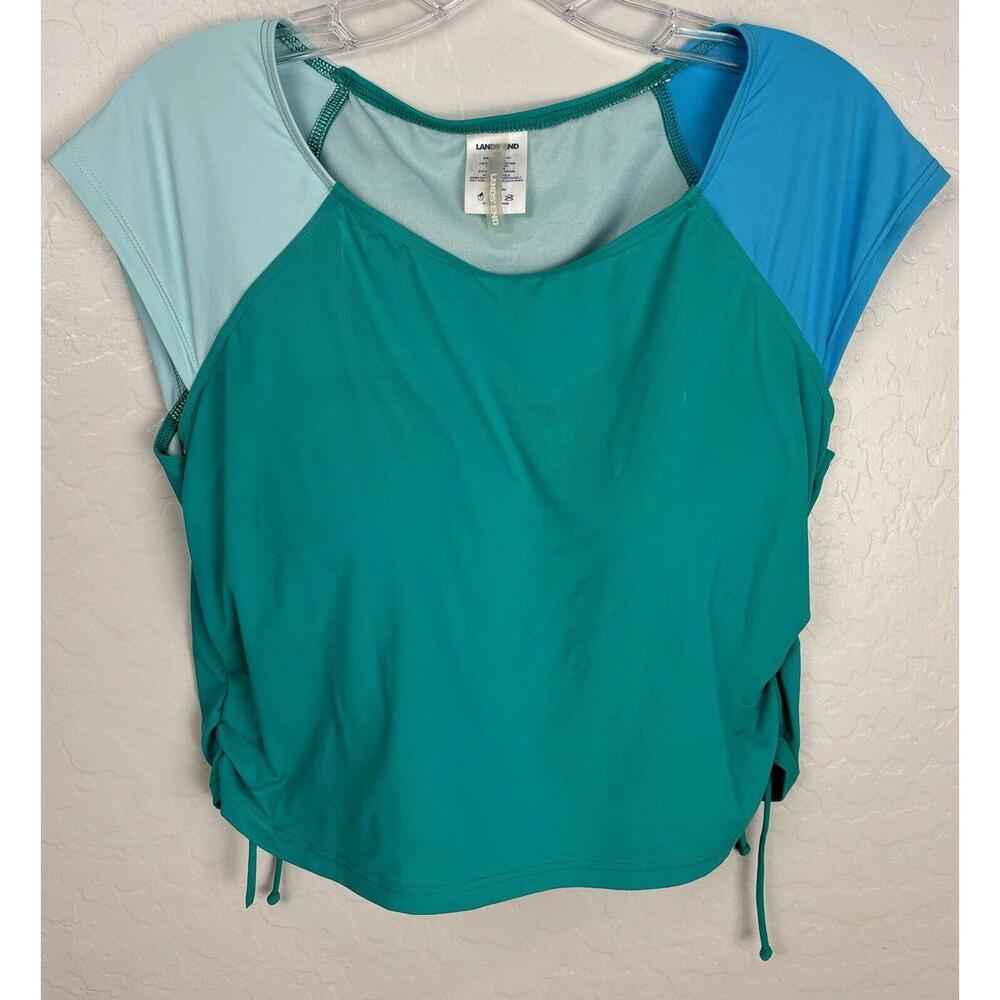Lands End Color‎ block Crop Swimsuit Bikini Top Cap Sleeves Aqua Padded 16W 0472